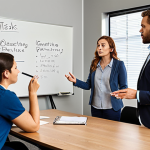 ** A diverse group of colleagues gathered around a table in a modern office setting, actively engaged in a team meeting. Some are gesturing while speaking, while others are listening intently, taking notes, and maintaining eye contact. A whiteboard displays project milestones and tasks assigned to different team members. The overall atmosphere is collaborative and productive, showcasing effective communication and shared understanding.

**
