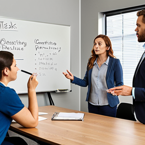 ** A diverse group of colleagues gathered around a table in a modern office setting, actively engaged in a team meeting. Some are gesturing while speaking, while others are listening intently, taking notes, and maintaining eye contact. A whiteboard displays project milestones and tasks assigned to different team members. The overall atmosphere is collaborative and productive, showcasing effective communication and shared understanding.

**
