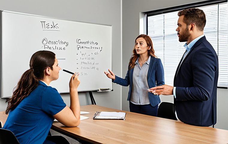 ** A diverse group of colleagues gathered around a table in a modern office setting, actively engaged in a team meeting. Some are gesturing while speaking, while others are listening intently, taking notes, and maintaining eye contact. A whiteboard displays project milestones and tasks assigned to different team members. The overall atmosphere is collaborative and productive, showcasing effective communication and shared understanding.

**